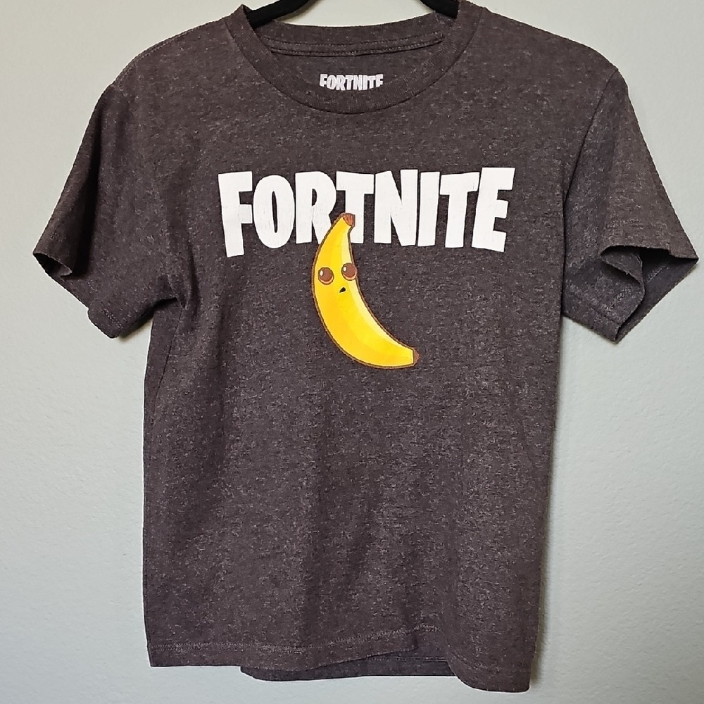 Fortnite Peely Banana Graphic Tee Kids Size 8 Small Heather Charcoal Grey Shirt
